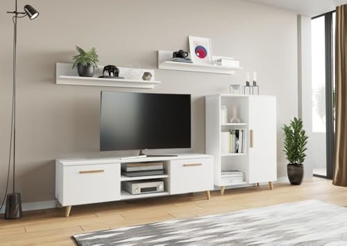 Per la vita Schrankwand Weiß Oslo – Modernes Regalwohnzimmer Set in Weiß - Möbel Modern mit integriertem Wohnzimmerschrank, TV Schrank & Wandregal x2