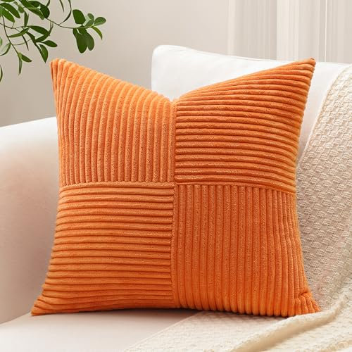 Sungeek 1 Stück Cord Kissenbezug, Kreuz Streifen Muster Kordsamt Kissenbezüge Sofakissen Dekokissen Patchwork Design Deko Zierkissenbezüge Kissenhülle für Wohnzimmer (50x50cm, Orange)