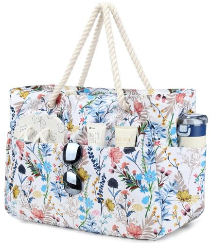 Suweir Sac de Plage Femme XXL Grand Sac Plage Familial avec Fermeture éclair et Poche Humide Imperméable Sac Piscine Beach Bag pour Plage Voyages Gym Piscine (Floral)