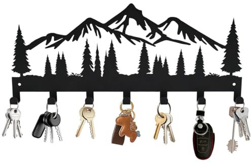 Porte Clés Mural En Bois, Porte Clés En Motif De forêt De Montagne Avec 7 Crochets Métalliques, Porte-vêtements Mural Pour Entrée Cuisine Couloir, Décoration D'intérieur (Noir)