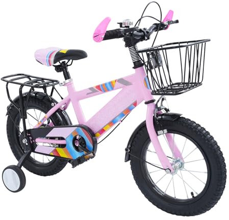 Vélo pour enfant de 3 à 6 ans, avec roues stabilisatrices, protection de chaîne et panier/cloche - Hauteur réglable (rose)