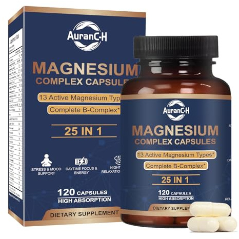 Magnesium Glycinate Supplements, Magnesium glycinate 25-in-1 Supplement with Glycinate Citrate Malate Oxide Taurate Aspartate Orotate Magnesium Relaxation,Muscle,Heart Support, 120 Capsules