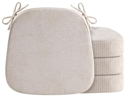 OJFED D-Shaped Chair Cushions for Dining Chairs, 2.5” Thick Chair Pads with Washable Comfortable Textured Cover, Non Slip Kitchen Chair Cushions with Ties, 16.5 x 16.5, 4 Pack, Beige