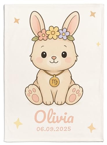 Pictogogo Personalisierte Babydecke mit Namen und Datum - Kuschelige Meilensteindecke aus Minky-Fleece, Ideal als Geburtsgeschenk (Sternzeichen Jungfrau)
