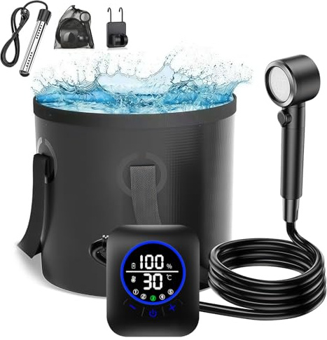 Campingdusche Set mit Heizfunktion, IPX8 Outdoor Dusche 8000mAh Akku-Wasserpumpe mit Smart Display, Duschkopf mit Filter, 2m Schlauch, faltbarer Wasserbehälter, mobile Dusche für Camping & Wohnmobil