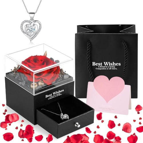 YIChongDan Ewige Echte Rose mit Herz Halskette, Handgefertigte Blumen Rosenbox, Schmuck Geschenkbox, Geschenke für Frauen Mama Oma, Konservierte Rose geben Valentinstag Muttertag Weihnachten