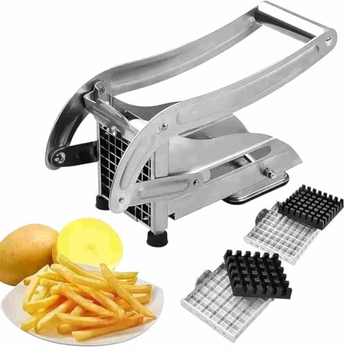 Pommesschneider Edelstahl mit 2-Klingen-Frittenschneider, Pommes Frites Schneider, Pommesschneider für Kartoffeln mit Rutschfester Saugnapftechnologie, Pommespresse Edelstahl, Kartoffelschneider