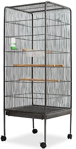 Vogelkäfig auf Rollen, Voliere für Vögel, Innenbereich, Käfig für Wellensittiche, Papageien, Schwarz, 54 x 54 x 146 cm, Stahl