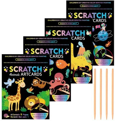 Set 4 Blocchi Disegni Grattare Per Bambini, Carta Magica Arcobaleno Grattare, Album Grattare Con Temi Dinosauri, Spazio, Oceani e Animali, Con Penna In Legno, Ideale Per Relax e Decorazione