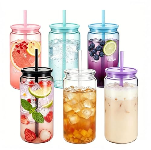 Plastic Cups with Lids and Straws - 6Pcs 16oz Reusable Iced Coffee Cup BPA Free Cold Drinking Tumblers Slushie Cup Smoothie Slushy Drinking Cup Party Cups for Hot/ Cold Drinks, Cola, Juice, Soda