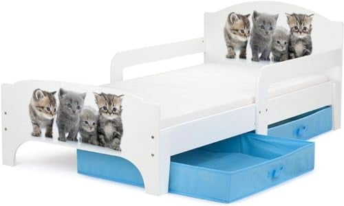 Leomark SMART Kleinkinderbett aus Holz - Katzen - Kinderbett mit Schubladen für Bettwäsche, Einzelbett mit Matratze, Stauraum, Rausfallschutz Lattenrost, Liegefläche 140 x 70 cm, UV-Druck