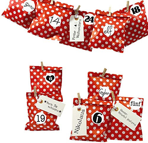Frau WUNDERVoll® DIY Adventskalender zum Befüllen Bescherung, Papiertueten flach 13x16,5cm, rot Punkt, Ziffern schwarz-weiß/Weihnachten, Papiertüten, Kinder, Zahlen, Geschenkbeutel, Aufkleber