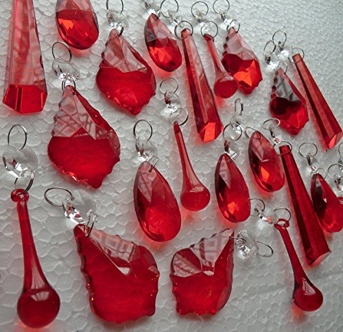 24 Chandelier Drops Cherry Red Prisms Cut Glass Crystals Droplets Beads Christmas Tree Decorations Vintage Wedding Lamp Light Parts Seear Lights