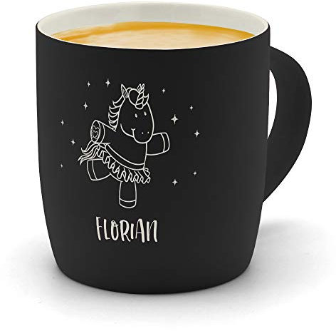printplanet - Kaffeebecher mit Namen Florian graviert - SoftTouch Tasse mit Gravur Design Einhorn - Matt-gummierte Oberfläche - Farbe Schwarz