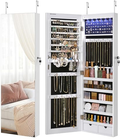 SONGMICS Hanging Jewelry Cabinet, Wall-Mounted Cabinet with LED Interior Lights, Door-Mounted Jewelry Organizer, Full-Length Mirror, Gift Idea, White UJJC99WT