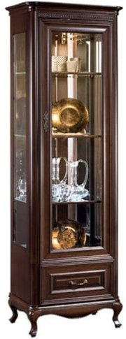 Casa Padrino Luxus Jugendstil Vitrinenschrank Dunkelbraun 66,2 x 46,1 x H. 206,6 cm - Beleuchteter Wohnzimmerschrank mit Glastür und Schublade - Wohnzimmermöbel