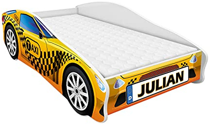 ACMA Autobett 140x70 cm mit Matratze und Lattenrost - Kinderbett Auto personalisiert mit Name, Modell 10, stabiles Jugendbett für Kinderzimmer, belastbar bis 120 kg