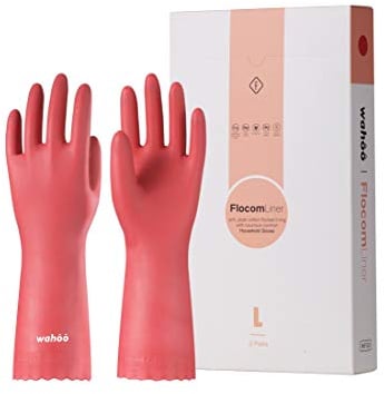 LANON 3 Paires wahoo Respectueux de la Peau Gants de Nettoyage, Gants de Vaisselle Avec Doublure en Coton Floqué, Réutilisables, Antidérapant, Rouge, L