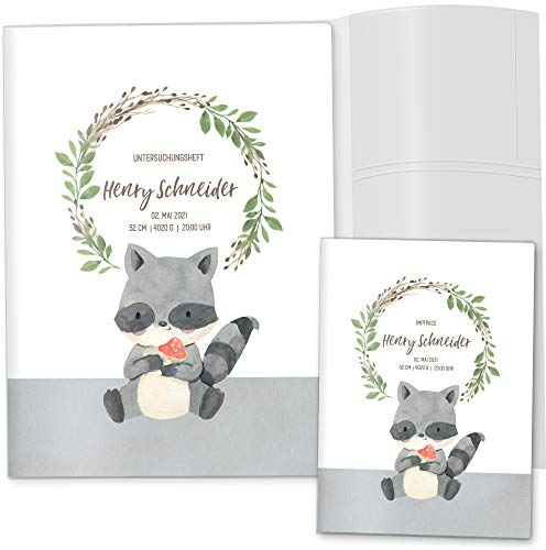OLGS U-Heft Hüllen Set 3-teilig | Cute Forest Waschbär | Untersuchungsheft Hülle & Impfpasshülle schöne Geschenkidee personalisierbar mit Namen und Geburtsdatum (U-Hefthüllen, personalisiert)