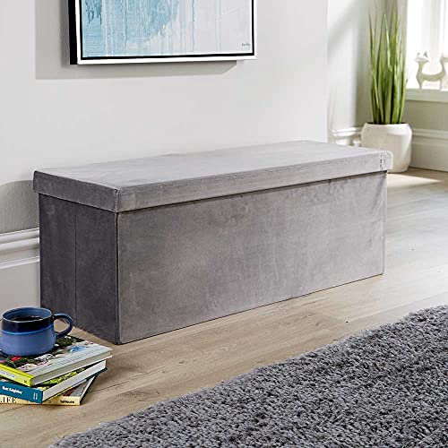 Home Source Extra Large Folding Ottoman Velvet Fabric Storage Chest, Grey, 100cm