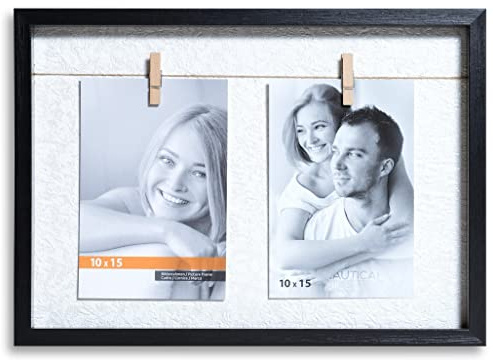 VictoR Bilderrahmen Collage Clip Rahmen schwarz für 2 Bilder in 10x15 cm | Rahmen aus Holz mit extra Klammern zum anheften von Fotos