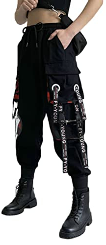 ORANDESIGNE Femme Pantalon Cargo Casual Gothique Punk Pantalon Danse Bas de Survêtement Hip Hop Noir Multi-Poches Streetwear A Noir XXL