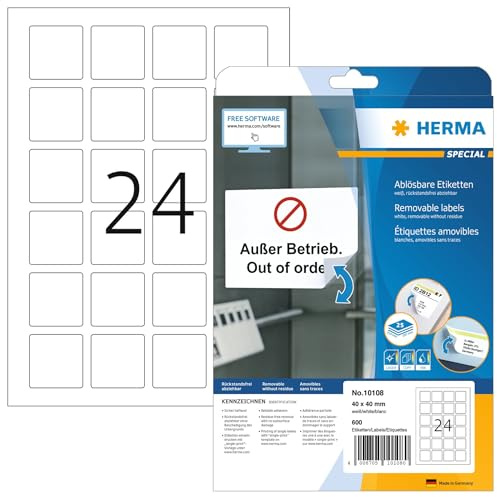 HERMA 10108 Universal Etiketten ablösbar, 800 Blatt, 40 x 40 mm, 24 pro A4 Bogen, 19200 Stück, selbstklebend, bedruckbar, matt, quadratisch, blanko Papier Klebeetiketten Aufkleber, weiß