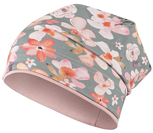 Mädchen Mütze Beanie Übergangsmütze Erdbeeren Blumen Frühling Herbst, Größe: 50/52, Farbe: Grün-Rosa