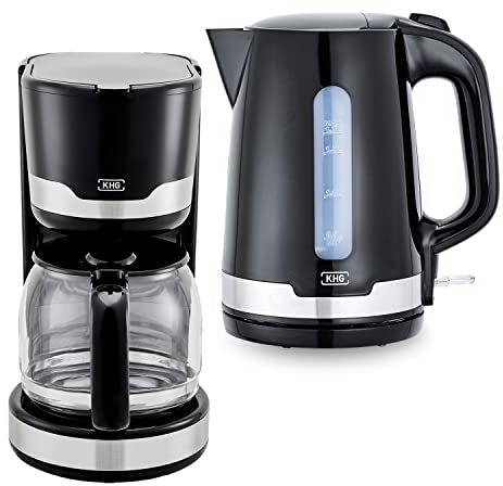 KHG Kaffeemaschine und Wasserkocher Set 2-teilig in schwarz, 1.000 & 2.200 Watt, Frühstücksset mit Kapazität 1,7 Liter Wasser oder 12 Tassen Kaffee, Küchenset mit Kalkfilter & Permanentfilter