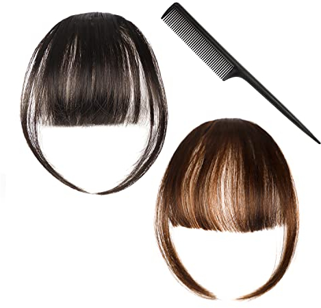 2 stück Air Bangs Perückenclip, natürlicher Fake Air Bangs, Fake Pony, Echthaar, Air Licht Bangs, weiblicher Haarschmuck, braun-schwarz + hellbraun, mit 1 Kamm