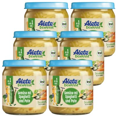 Alete bewusst BIO-Gemüse mit Spaghetti und Pute, ab 1 Jahr, Babynahrung im Gläschen mit Gemüse, Nudeln & Putenfleisch Kindermahlzeit in Bio-Qualität, ohne Zuckerzusatz und Aromastoffe, 6 x 250 g