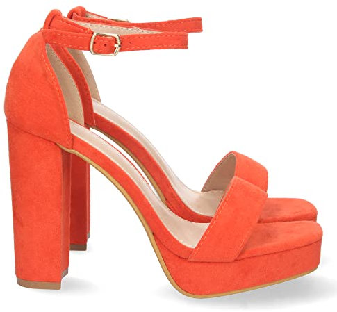 shoes&blues.es 71632-Sandalia de Tacon para Mujer, Comoda, con Pala Simple, Estilo Ankle Strap, y Cierre de Hebilla, Primavera Verano 2023. Talla 40 Naranja