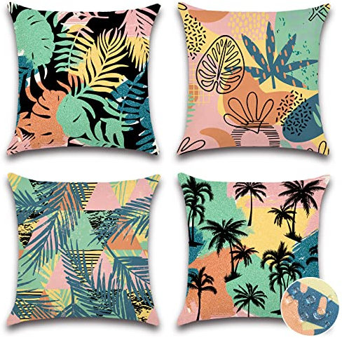 Ohok Wasserdicht Kissenbezug 45x45 cm, 4er Set Dekorativ Outdoor Kissenhülle Deko Sofakissen Couchkissen Zierkissenbezüge für Sofa Wohnzimmer Balkon Garten Auto (Tropische Aromen)