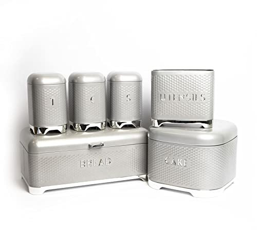LOVELLO KitchenCraft Set of Gift-Boxed Shadow Grey Textured Counter Top Storage Set 11 x 19cm, Utensil Store 20x10x18cm, Bread Bin 42x22x19cm, Cake Tin 26x26x19cm