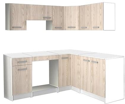 Vente-unique-Cocina de Esquina Completa - con encimera 356 cm - Natural Claro y Blanco - TRATTORIA