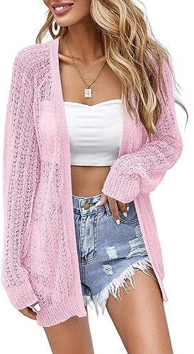 XuBa Cardigan estivo da donna, leggero, sottile, a maniche lunghe, da spiaggia, Colore: rosa., S