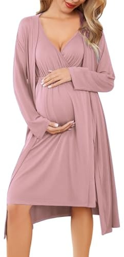 Ekouaer Maternity Nursing Gown and Robe Set Labor Delivery Nightgowns Mauve