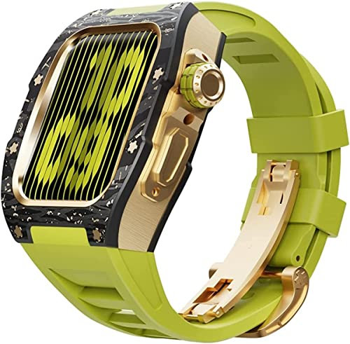 FACDEM Kit de modificación de fibra de carbono, correa de goma de flurina, para Apple Watch 45/44 mm 8 7, correa deportiva de goma para hombre, marco de parachoques de metal, para iWatch Series 6 5 4