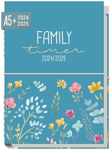 Häfft® Family-Timer 2024/2025 A5 Happy Flower Familienkalender 4 Spalten, Buchkalender Familienplaner für 18 Monate: Juli 24 bis Dez 25 - nachhaltig & klimafreundlich