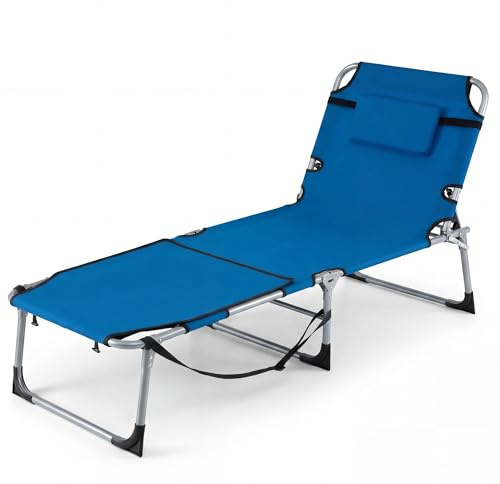 GIANTEX Klappbarer Bräunungsstuhl mit Gesichts- & Armlöchern, 5-Fach Verstellbarer Liegestuhl für den Außenbereich mit Kissen & Seitentasche, robuste Campingliege mit Schultergurt & Griff (Blau)