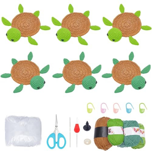 ORIGACH 4er Set Schildkröten-Häkeluntersetzer für Anfänger Erwachsene, Schildkrötenuntersetzer-Strickset für Anfänger, komplettes Häkelzubehör Werkzeug für 4 Schildkröten mit Anleitung und Video