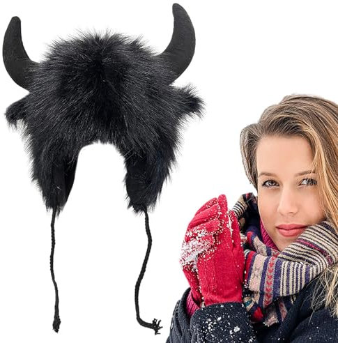 Whnbuij Bison Hat - Plüsch Ohrenklappen Hut mit Hörnern, Halloween Ohr Kopfbedeckung | Thema Outdoor Abenteuer, Tier Cosplay Festival für Männer und Frauen