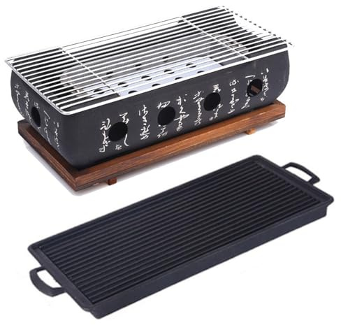 Parrilla de barbacoa japonesa, Portátil japonés Estufa barbacoa carbón mesa con parrilla base madera, Estufa parrilla barbacoa para hogar, patio, fiesta, camping(Large With Baking Pan)