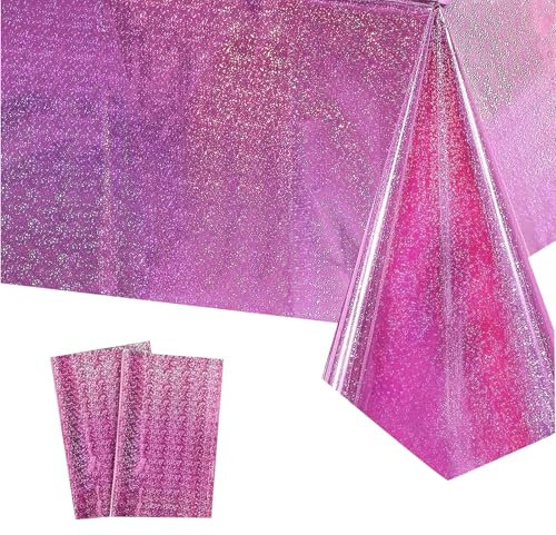 2Pcs Nappes Rose Fuchsia Paillettes Jetables, Grand 137 * 274cm Nappe Rectangulaire, Imperméables,Nappe Plastique Couverture de Table pour Anniversaire de Femmes,Mariages,Saint-Valentin,Fête des Mères