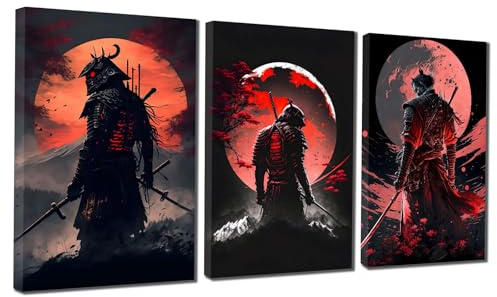 VTRXEG Japanische Samurai Bilder, Rot Samurai Portrait Kunstdrucke Poster Set,Modern Wohnzimmer Schlafzimmer Dekoration Poster Ohne Rahmen (3x30x40cm,Samurai-1)