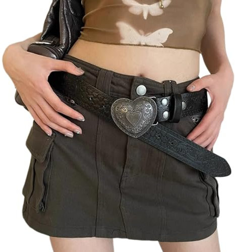 Uqezagpa Taillengürtel, Damengürtel für Jeans, Rock, geprägte Herzschnalle, breiter PU-Gürtel, Subkulturen, Hosengürtel, 2000er Jahre, Mädchen, Kleidung, Taillendekoration, Schwarz , See size chart