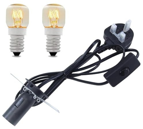 Himalayan Salt Lamp Cord 1.5m with ON/Off Switch | Metal Clip and 2 Free E14 Bulbs | Power Cable Original Replacement Light | Fitting Spare for Crystal Salt Rock Lamp - 250V 3-Pin UK Plug