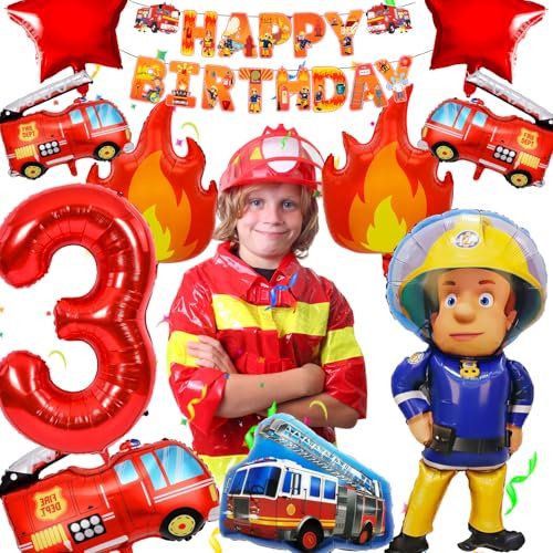 Hierein Sam Feuerwehrmann Kindergeburtstag Deko 3 Jahre, XXL Feuerwehrauto Luftballons Geburtstagsdeko Junge Party Deko, Feuerwehr Deko Geburtstag für Jungen Mädchen, Kinderparty Geburtstag Party