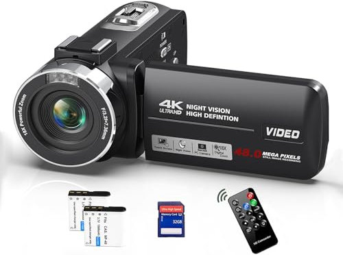 THPACIP 4K 48MP 30FPS Camcorder with IR Night Vision, 18X Digital Zoom Camera Recorder with 3 LCD Touch Screen for YouTube with Driver, 32GB SD Card, 2 Batteries