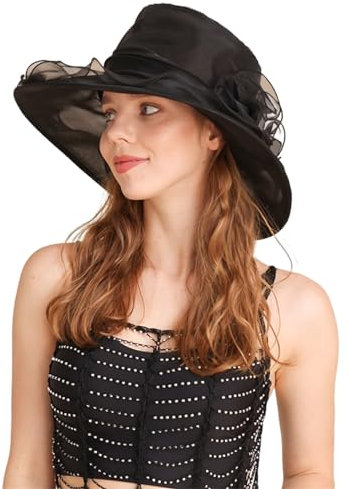 JOERBABU Hut für Damen, Taufhut, Fascinator, Hut für Pferderennen, Organza, Blume, Pillbox, Hut, TeaParty, Hochzeit, Bowler, Sonnenhut, Schwarz, Schwarz , 1-5
